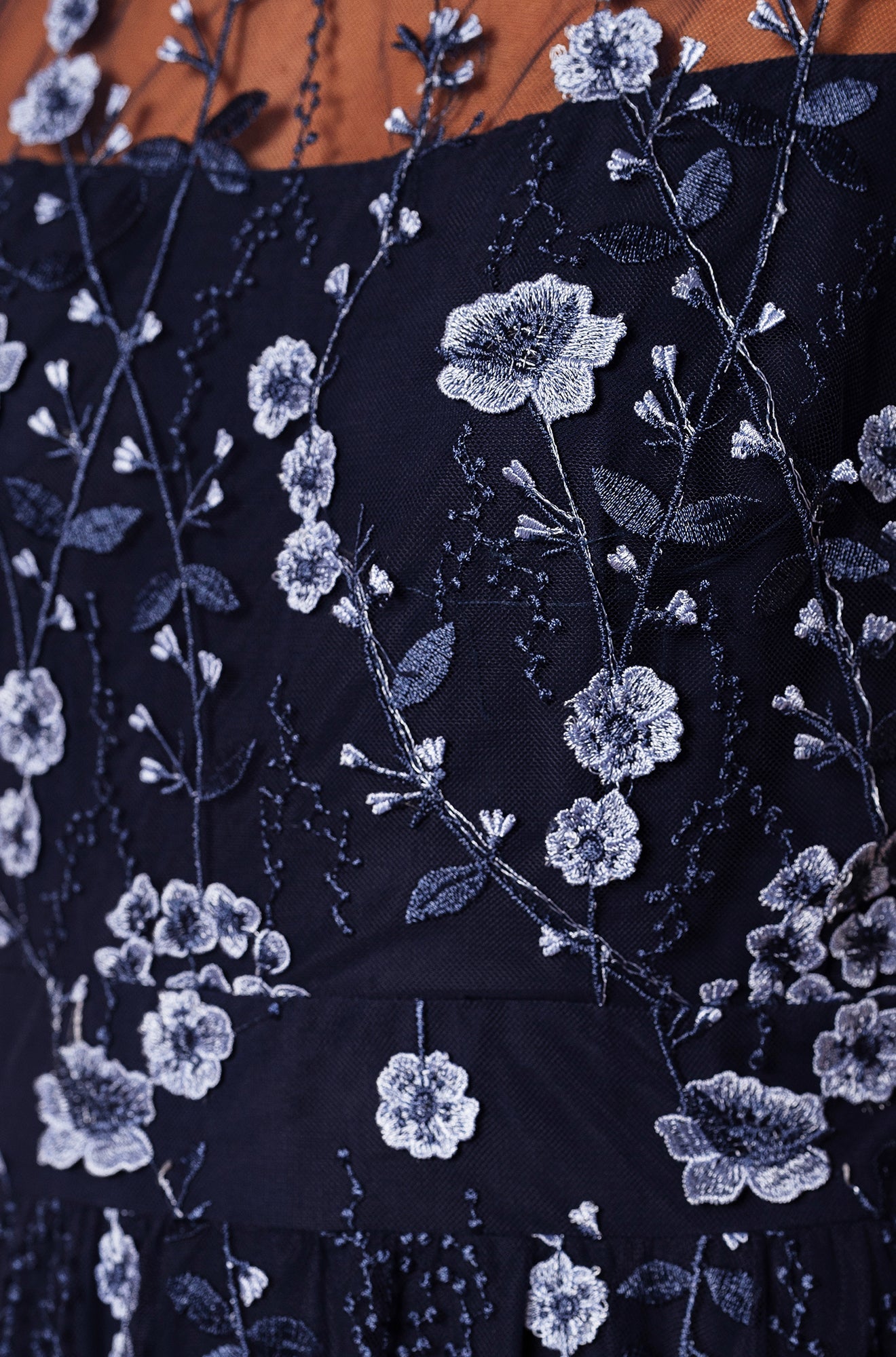 Yumi Navy Embroidered Mesh Midi Dress