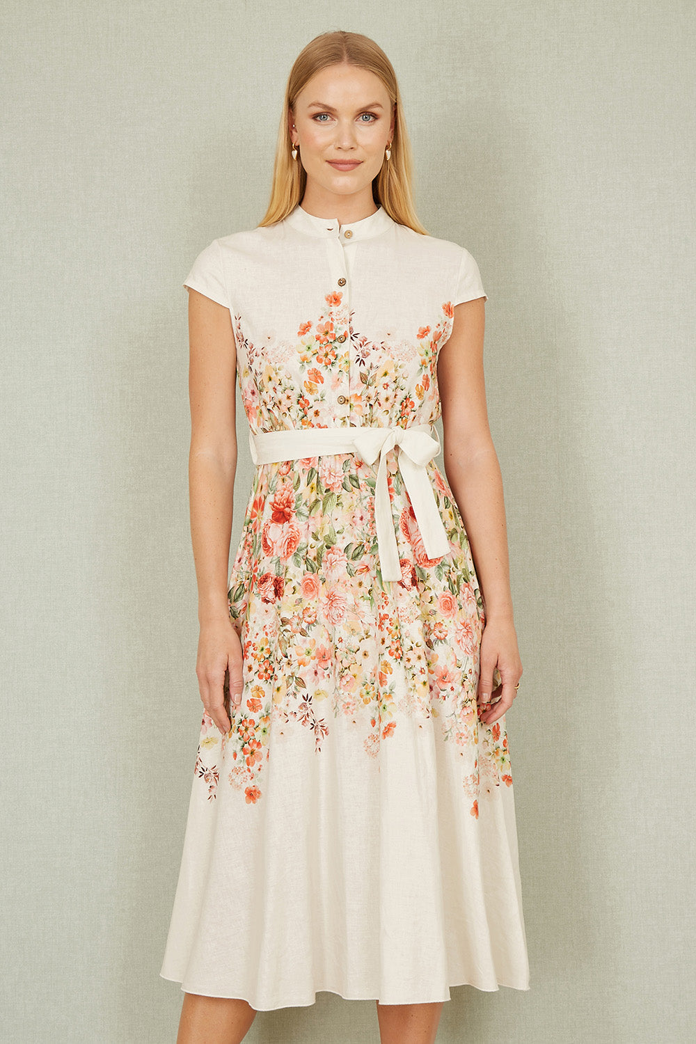 Yumi White Linen Floral Mirrored Placement Skater Dress