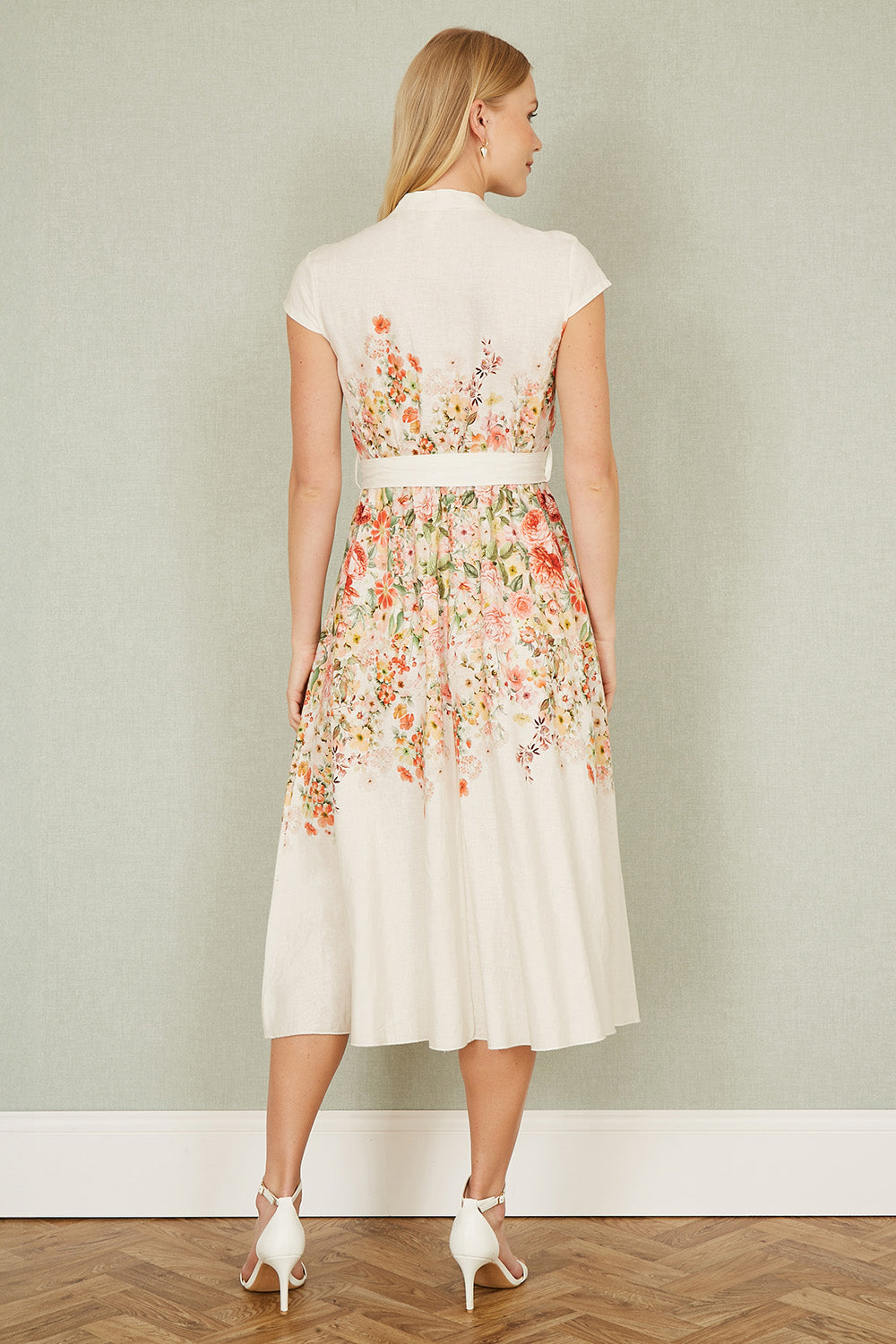 Yumi White Linen Floral Mirrored Placement Skater Dress