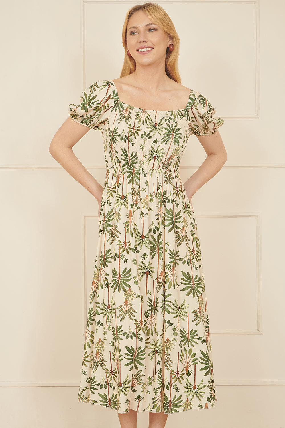 Yumi White Cotton Palm Print Ruched Midi Dress