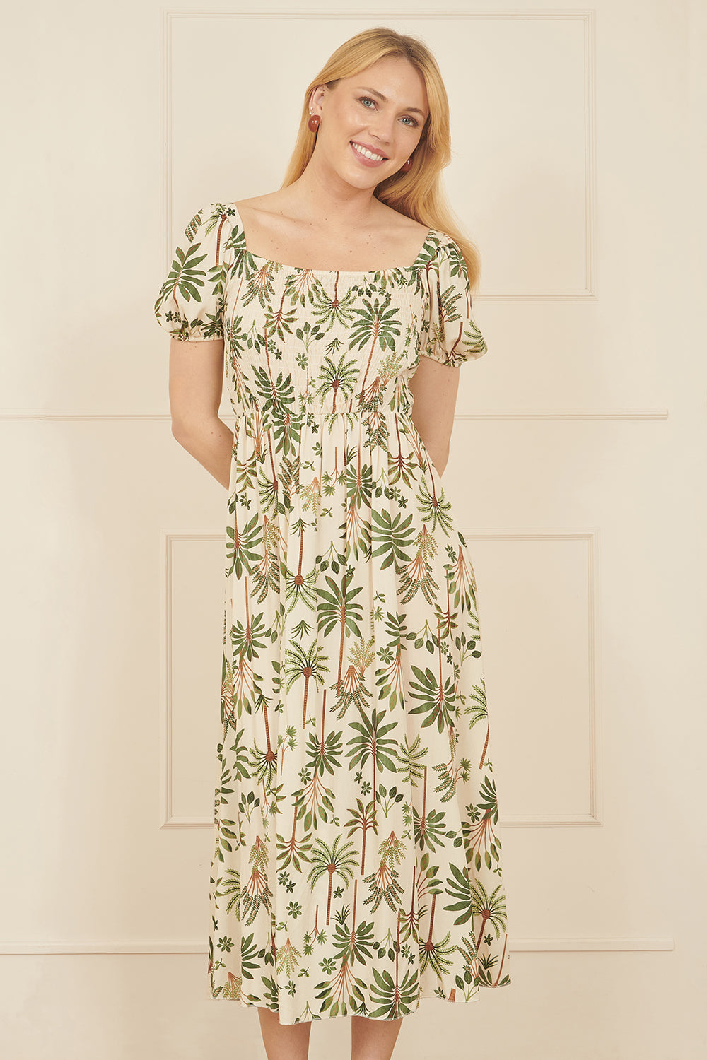 Yumi White Cotton Palm Print Ruched Midi Dress