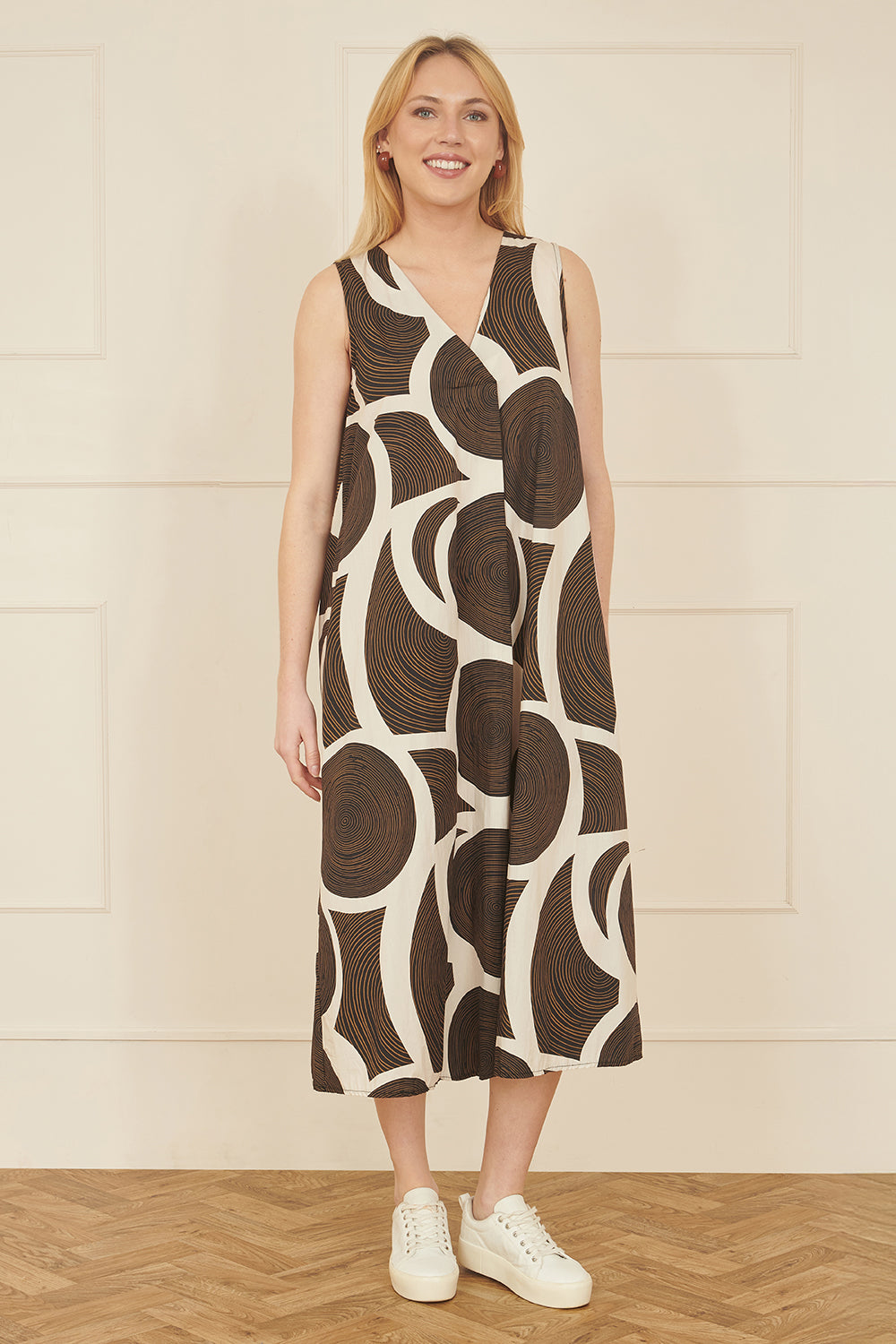 Yumi Brown Cotton Abstract Circle Trapeze Relaxed Midi Dress