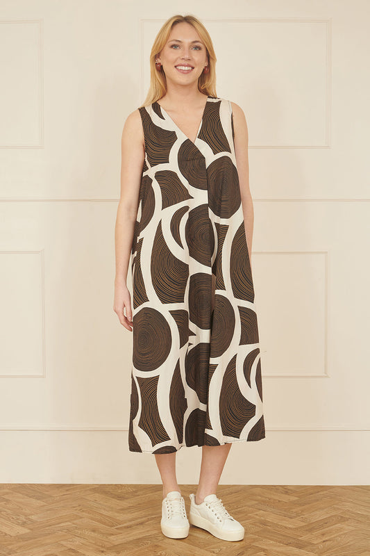 Yumi Brown Cotton Abstract Circle Trapeze Relaxed Midi Dress