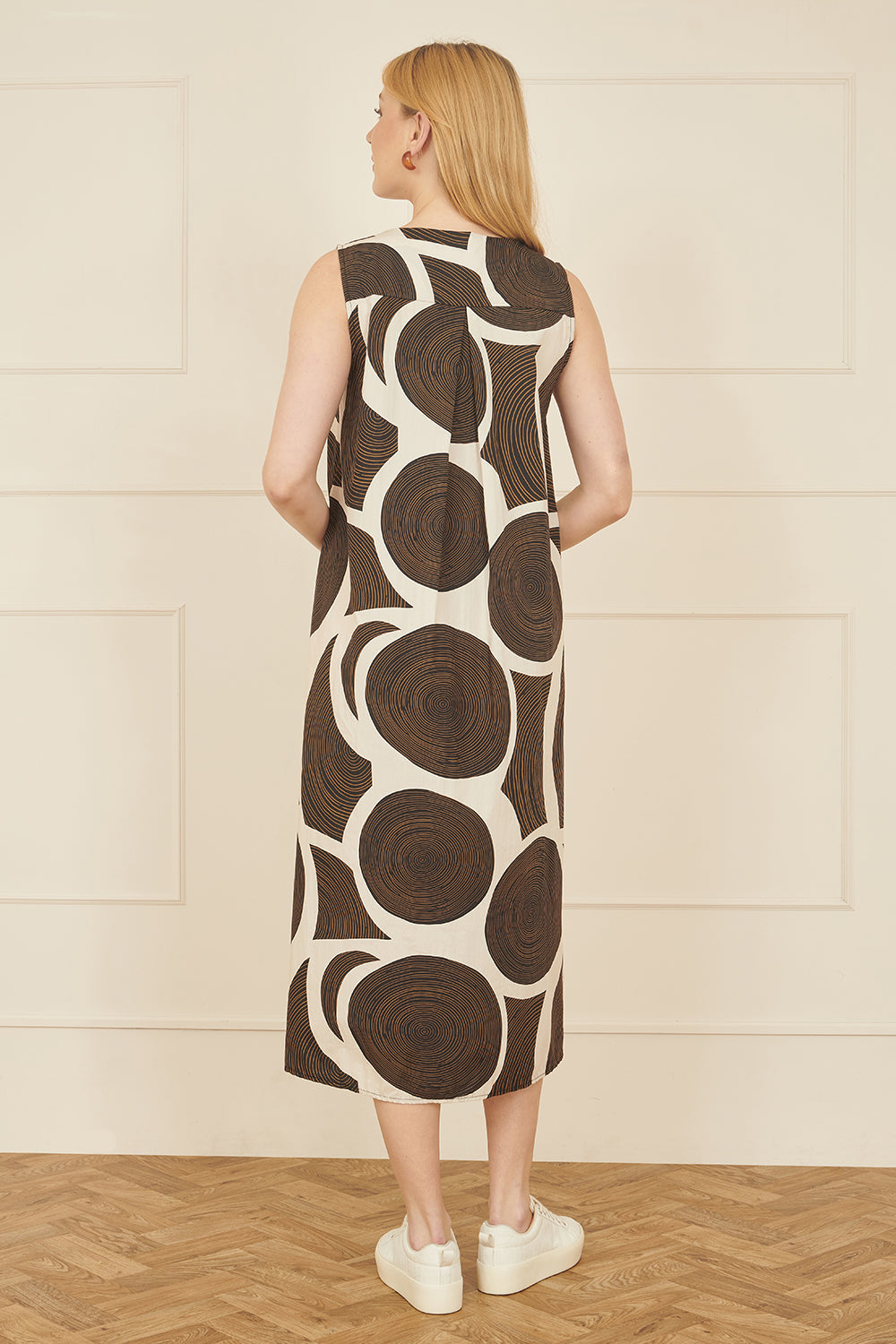 Yumi Brown Cotton Abstract Circle Trapeze Relaxed Midi Dress
