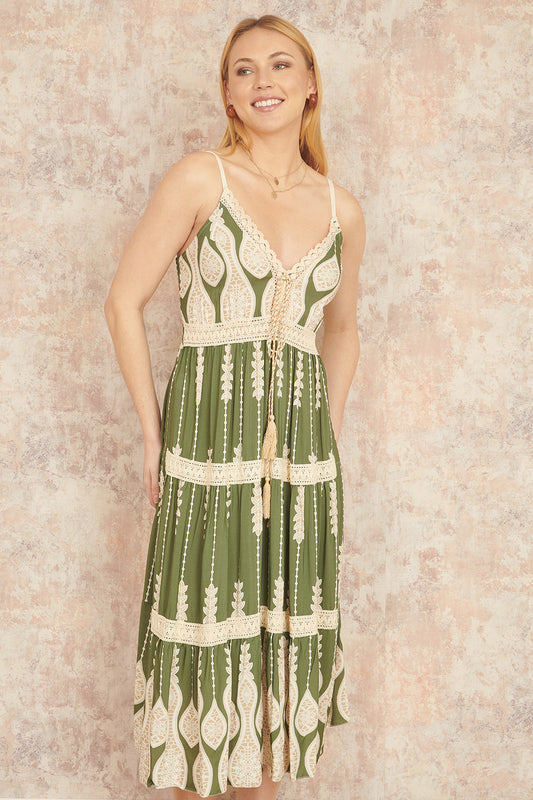 Yumi Green Viscose Paisley Print Lace Trim Midi Sun Dress