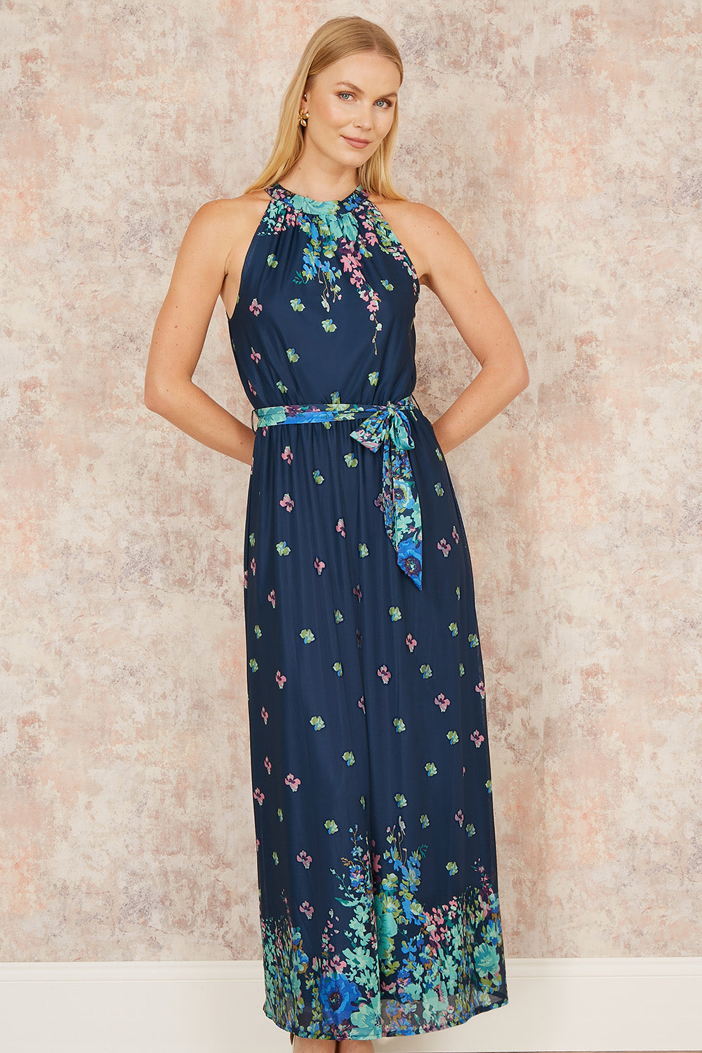 Yumi Navy Mirror Floral Print Maxi Halter neck Dress