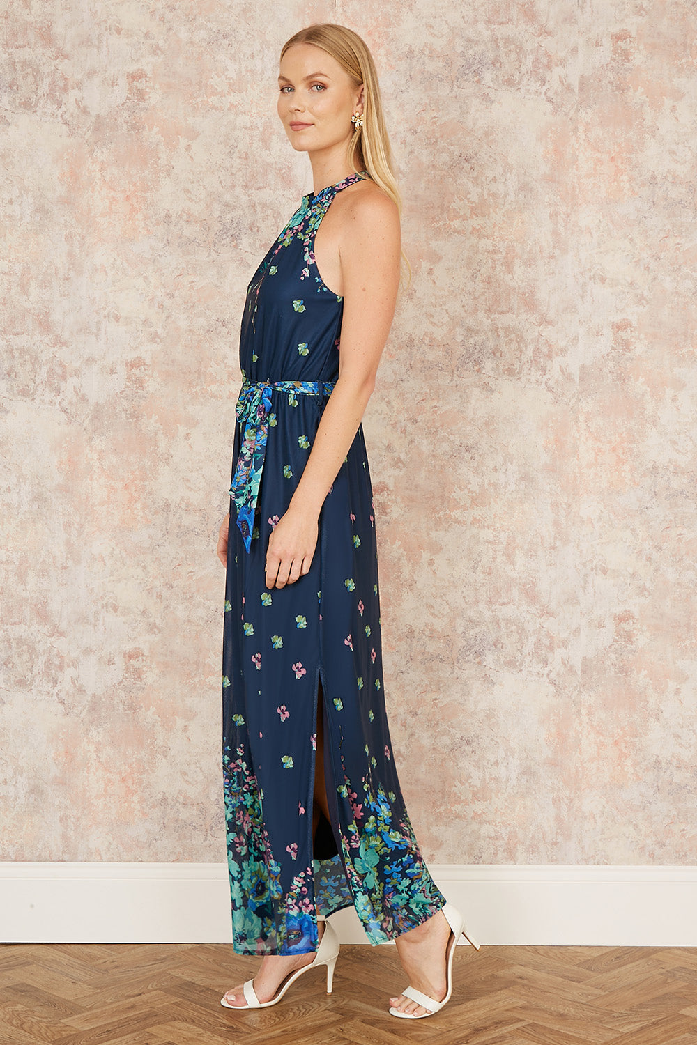 Yumi Navy Mirror Floral Print Maxi Halter neck Dress