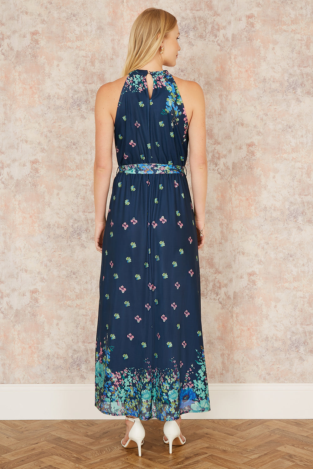 Yumi Navy Mirror Floral Print Maxi Halter neck Dress