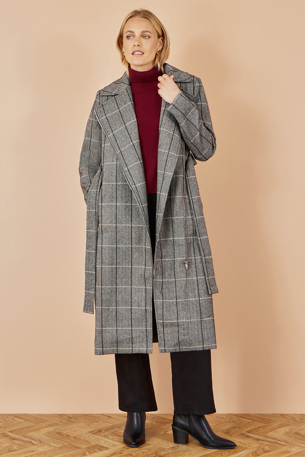 Yumi Grey Check Oversize Long Biker Coat