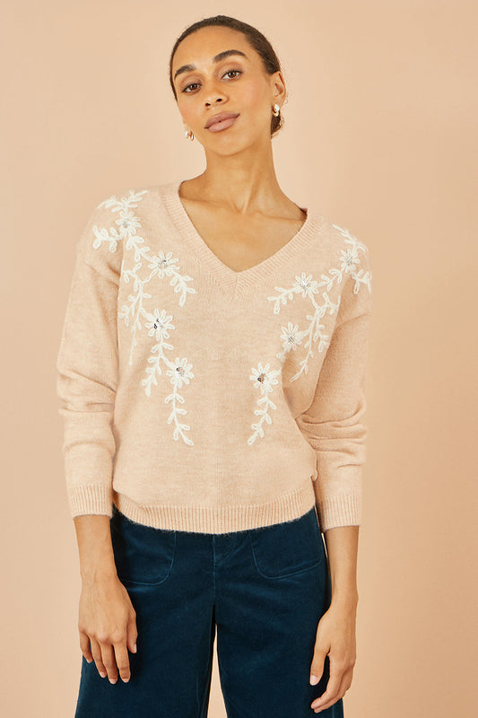 Yumi Oatmeal Floral Embroidered V Neck Relaxed Knitted Jumper