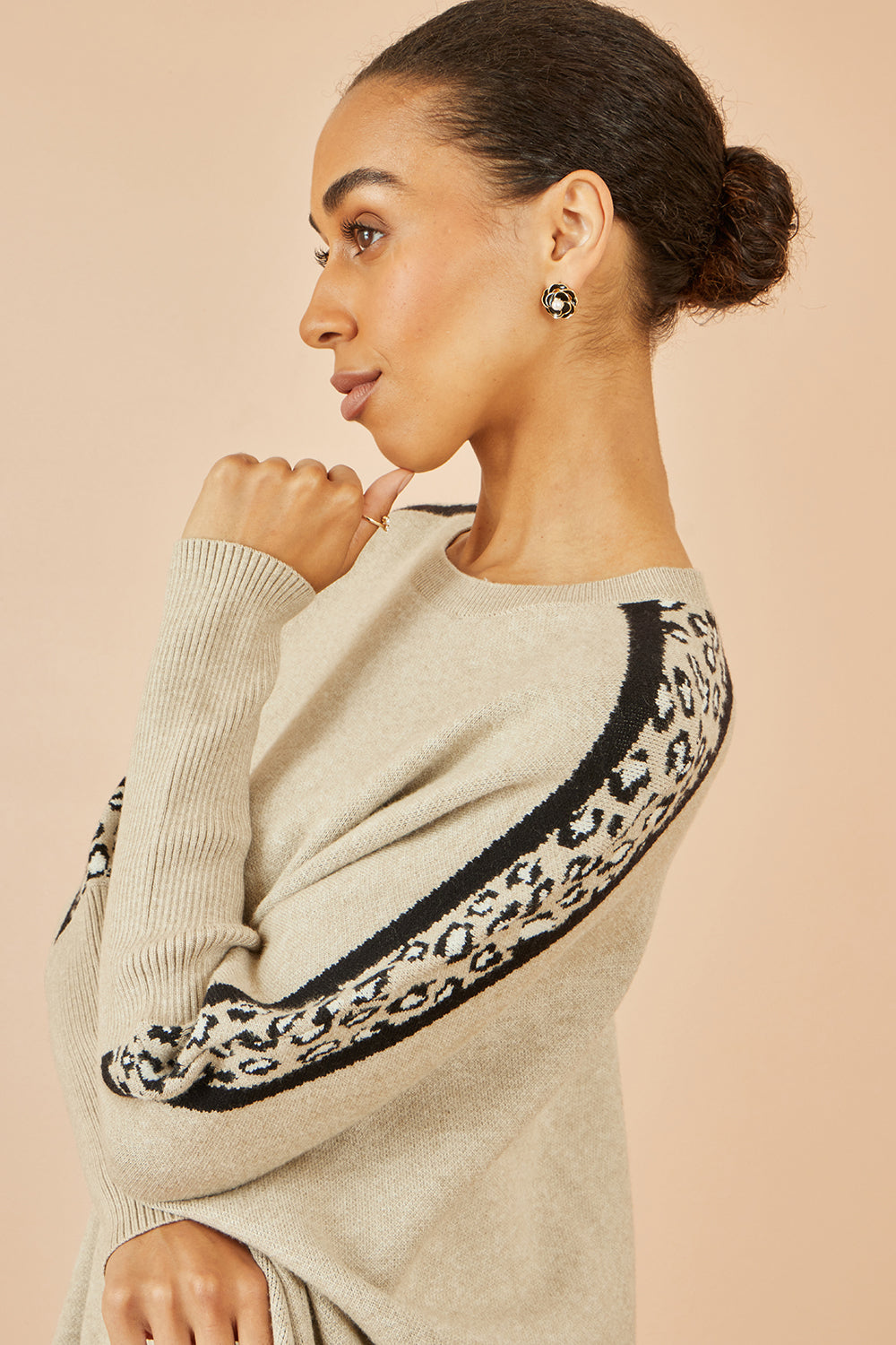 Yumi Oatmeal Leopard Print Border Relaxed Fit Jumper