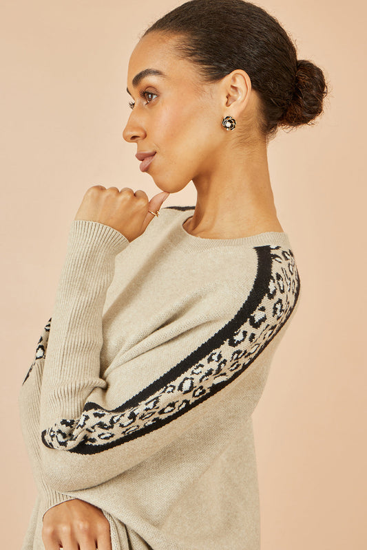 Yumi Oatmeal Leopard Print Border Relaxed Fit Jumper