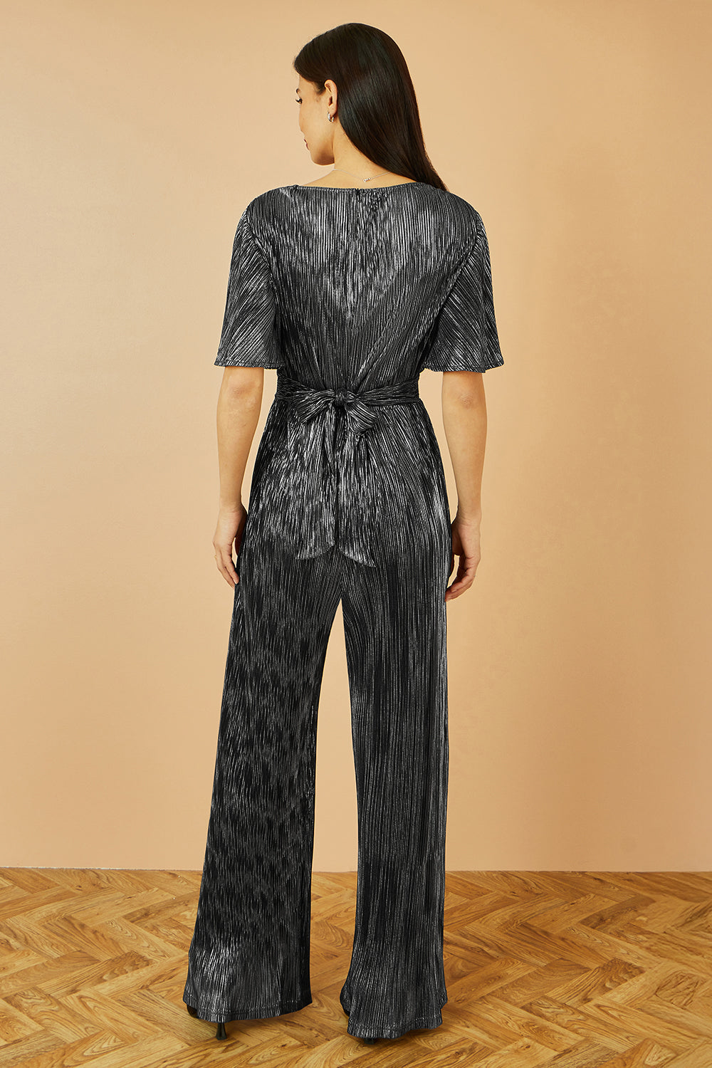 Yumi Black Metallic Pleated Jumpsuit With V Neck