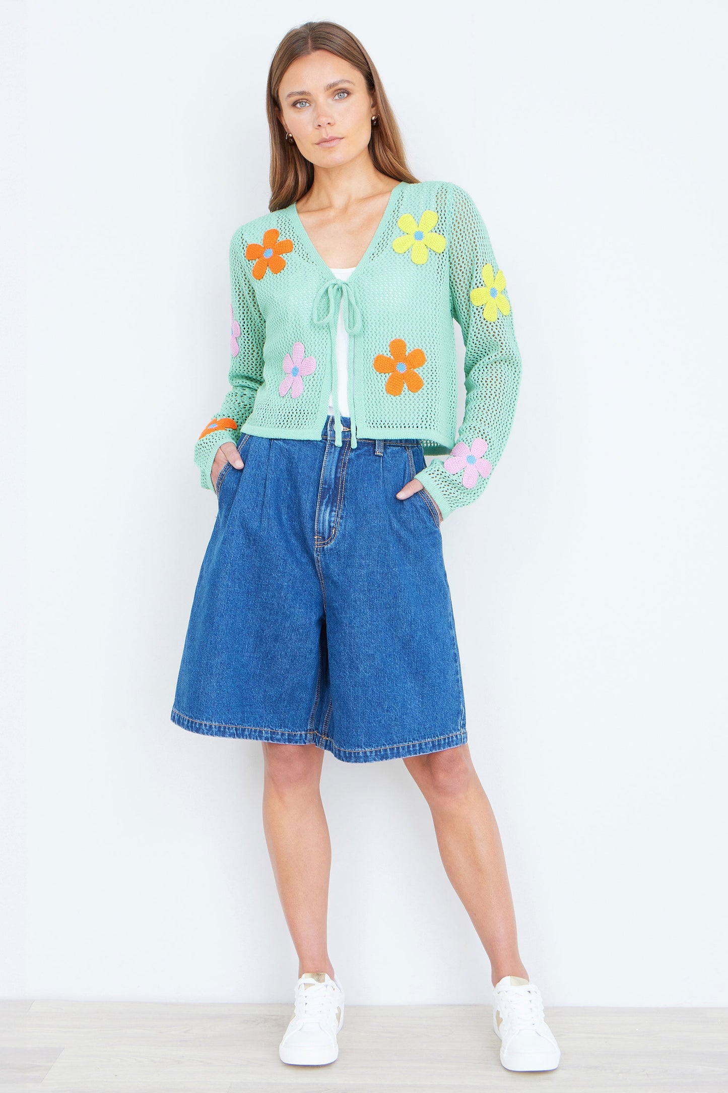 Yumi Mint Tie Front Cardigan With Flower Design