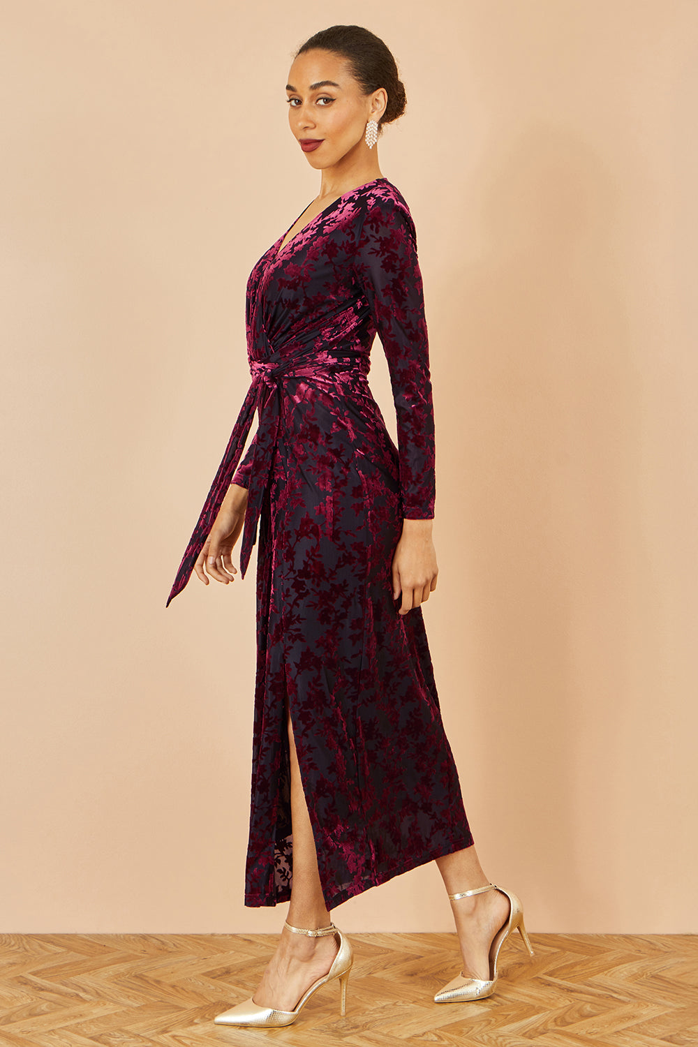 Yumi Burgundy Velour Stretch Midi Dress With Long Sleeves