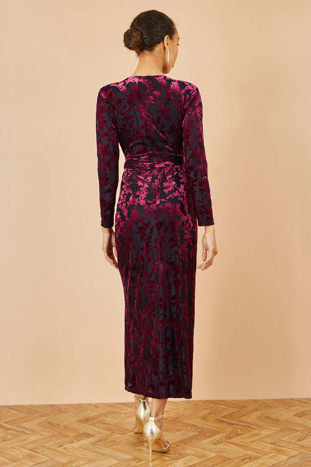 Yumi Burgundy Velour Stretch Midi Dress With Long Sleeves