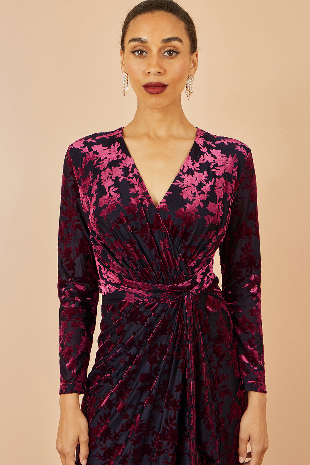 Yumi Burgundy Velour Stretch Midi Dress With Long Sleeves