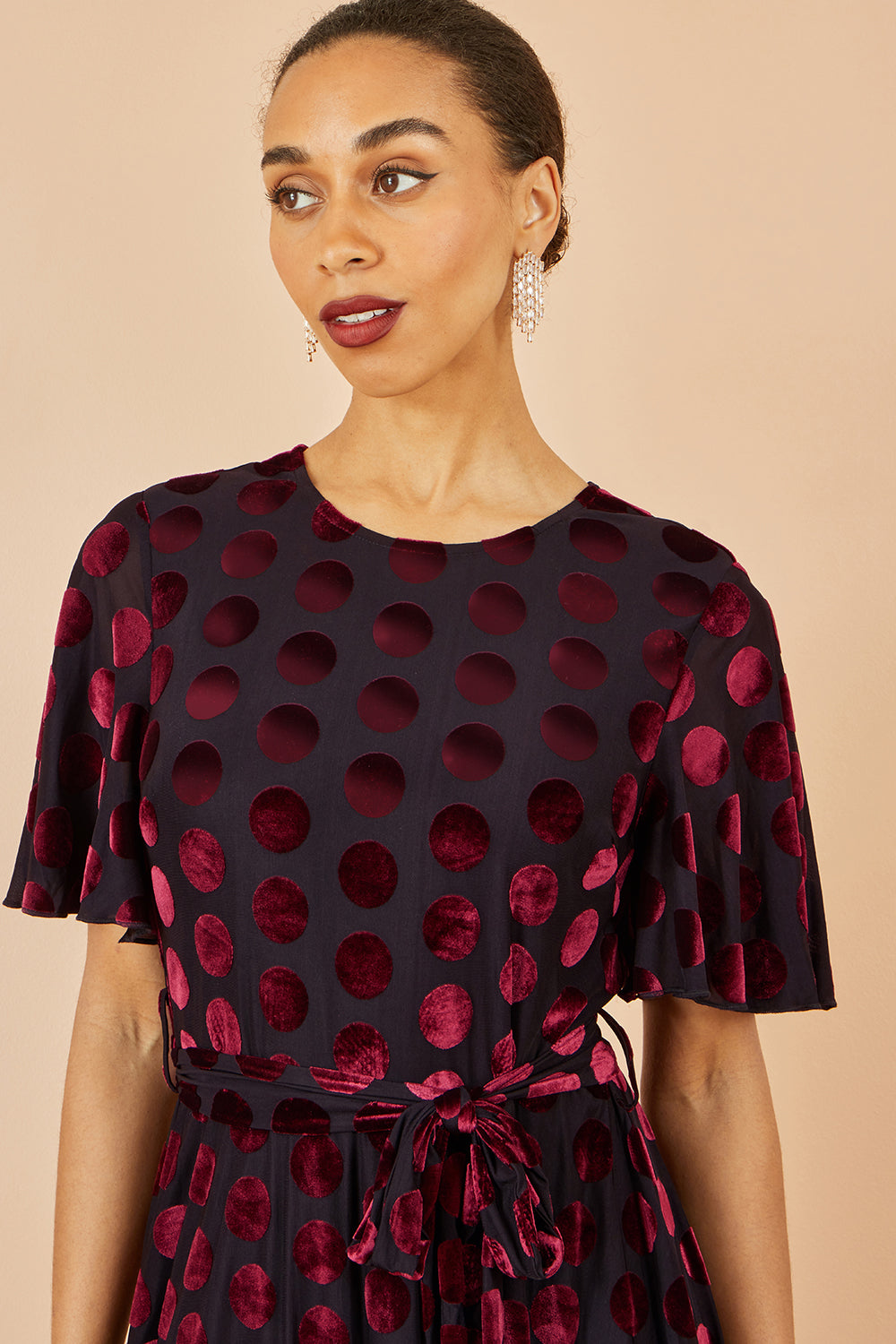 Yumi Burgundy Velour Spot Midi Skater Dress