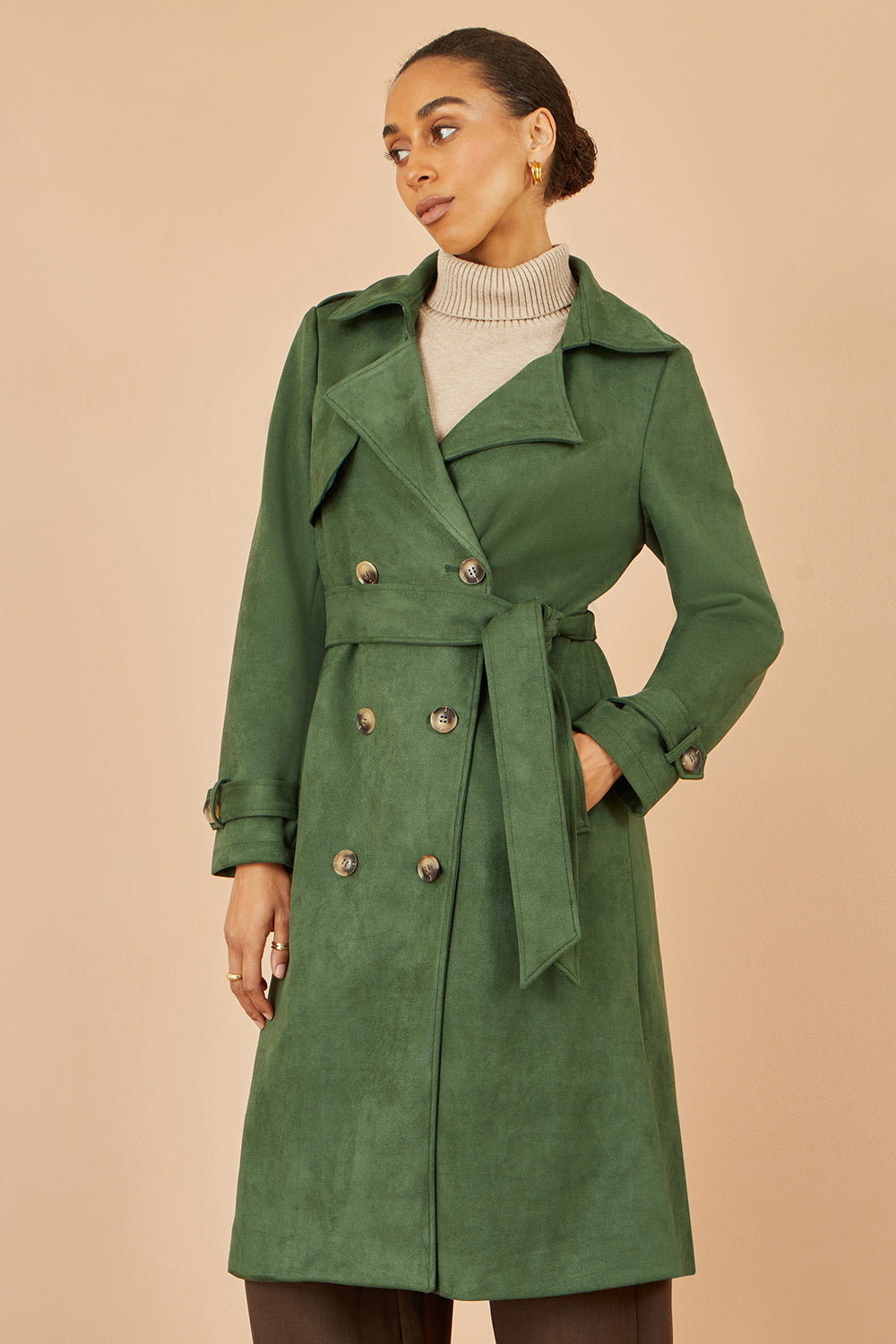 Yumi Green Faux Suede Trench Coat