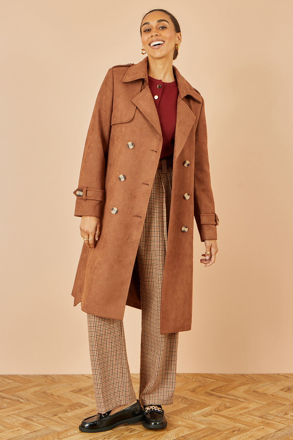Yumi Brown Faux Suede Trench Coat