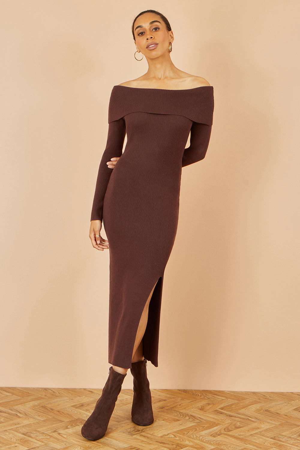 Yumi Brown Bardot Knitted Fitted Midi Dress