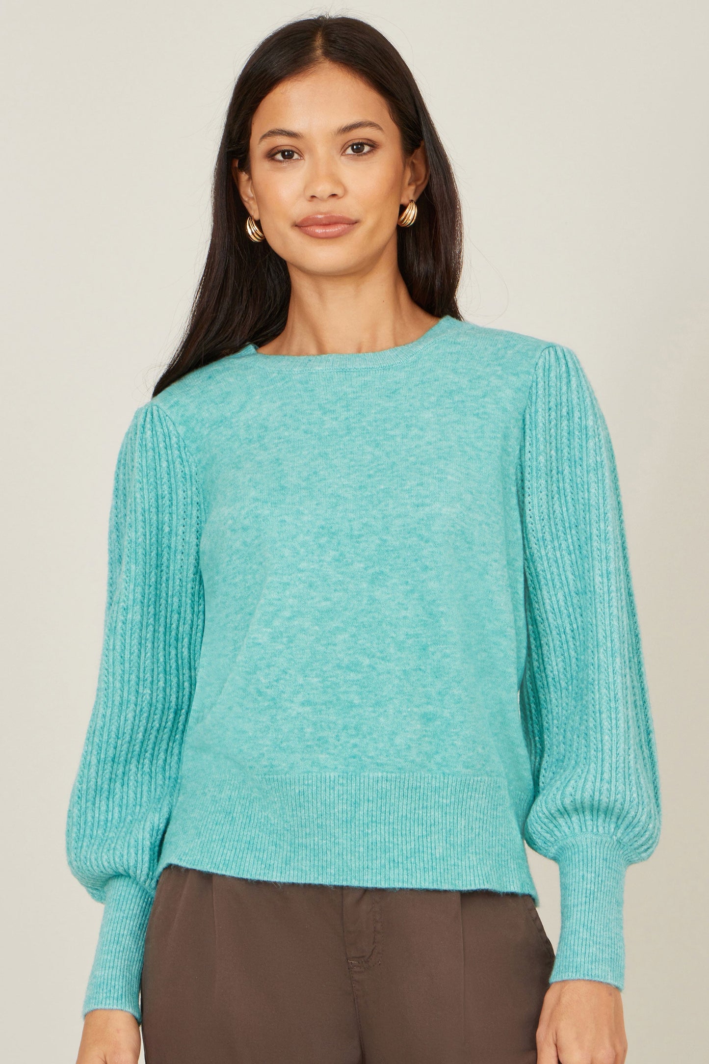 Yumi Sea Green Knitted Balloon Sleeve Jumper