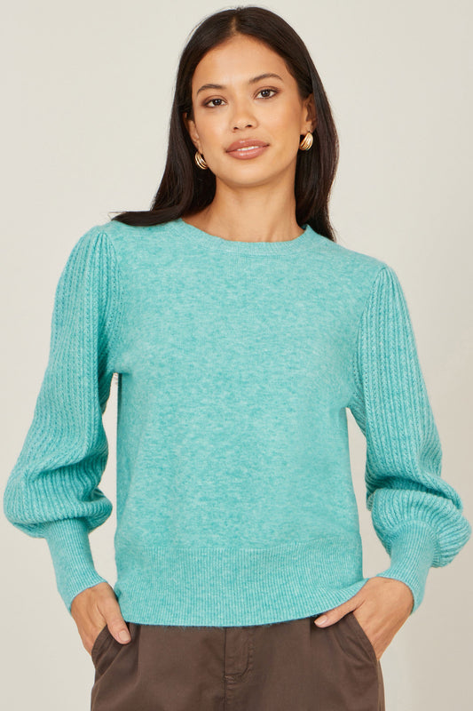 Yumi Sea Green Knitted Balloon Sleeve Jumper