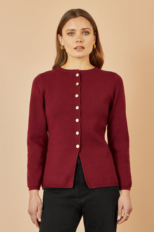 Yumi Burgundy Knitted Fitted Button Down Peplum Cardigan