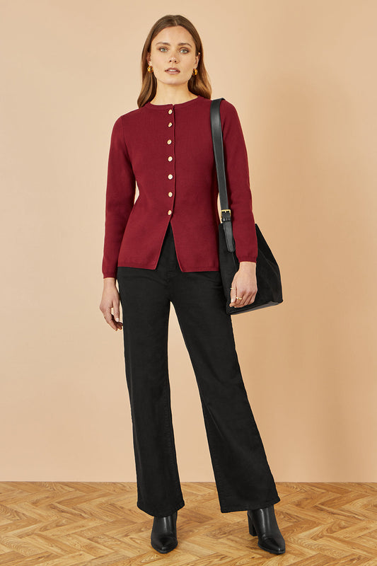 Yumi Burgundy Knitted Fitted Button Down Peplum Cardigan