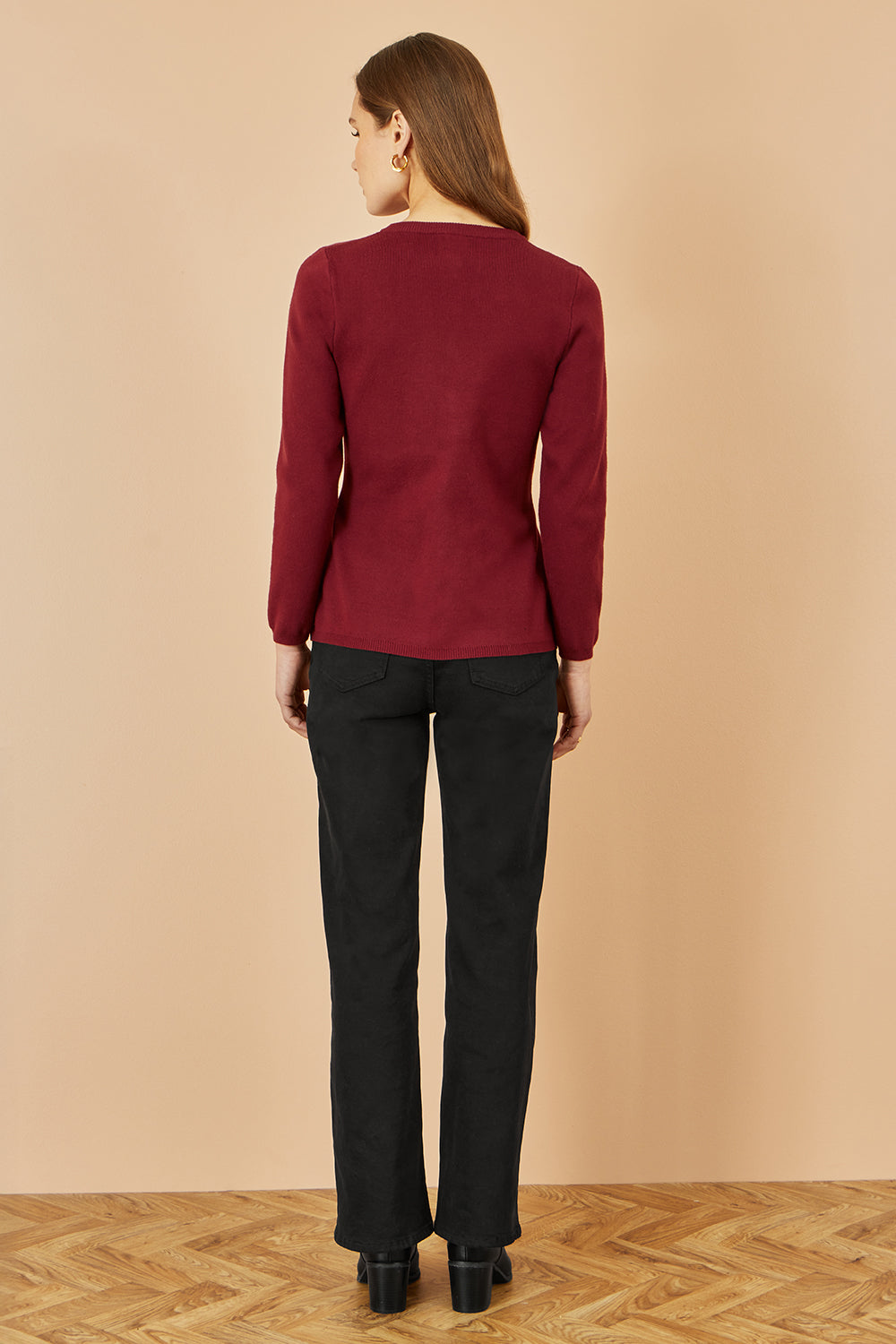 Yumi Burgundy Knitted Fitted Button Down Peplum Cardigan