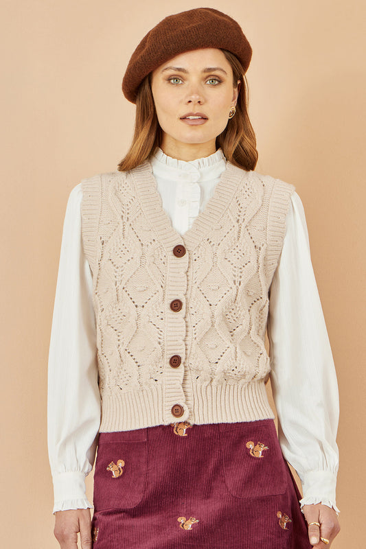 Yumi Oatmeal Button Up Chunky Cable Knit Waistcoat