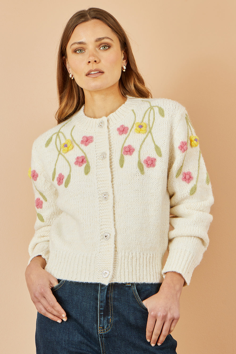Yumi Beige Flower Embroidered Chunky Knit Cardigan