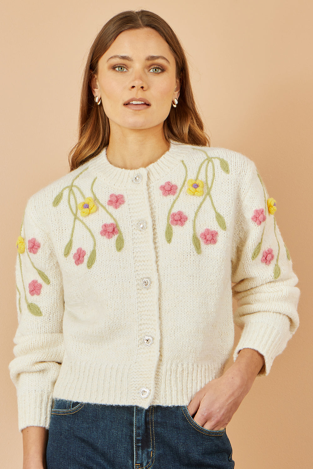 Yumi Beige Flower Embroidered Chunky Knit Cardigan
