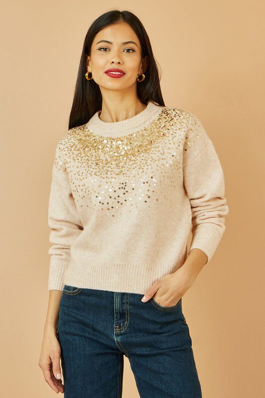 Yumi Oatmeal Relaxed Knitted Jumper With Scattered Sequin Neckline