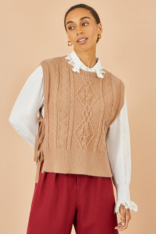Yumi Camel Flower Cable Knit Tie Side Pullover