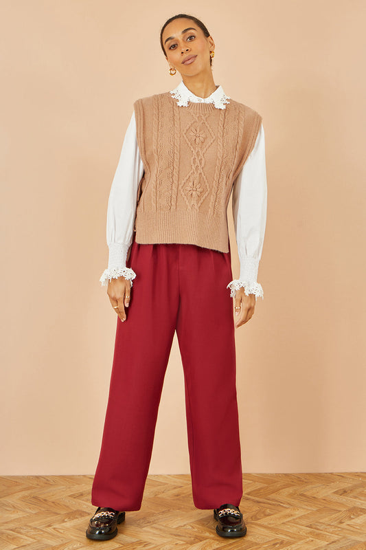 Yumi Camel Flower Cable Knit Tie Side Pullover