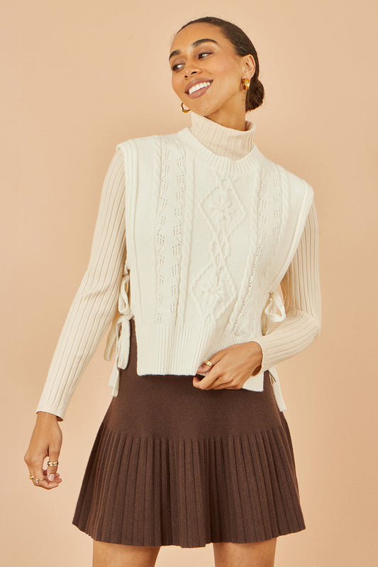 Yumi Ivory Flower Cable Knit Tie Side Pullover
