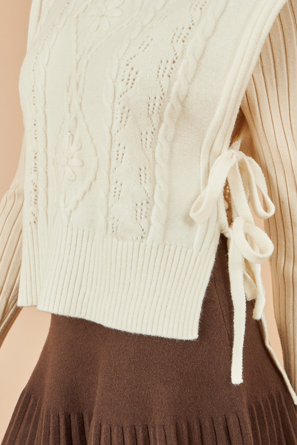 Yumi Ivory Flower Cable Knit Tie Side Pullover