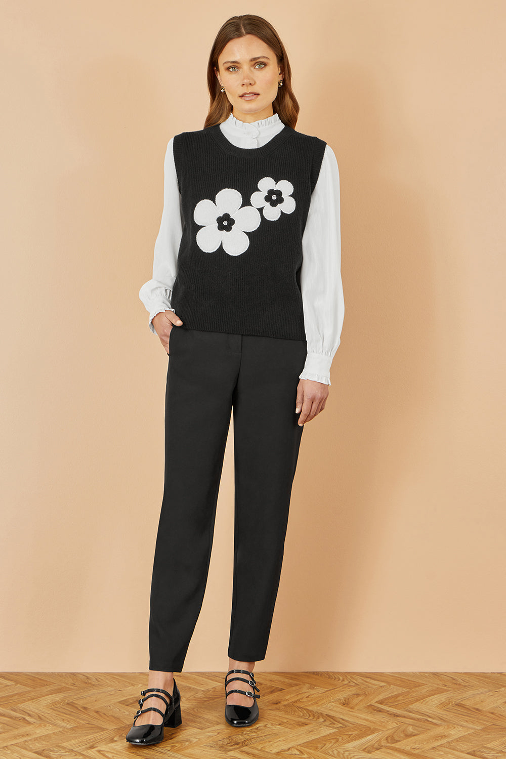 Yumi Black Flower Knitted Sleeveless Jumper Vest