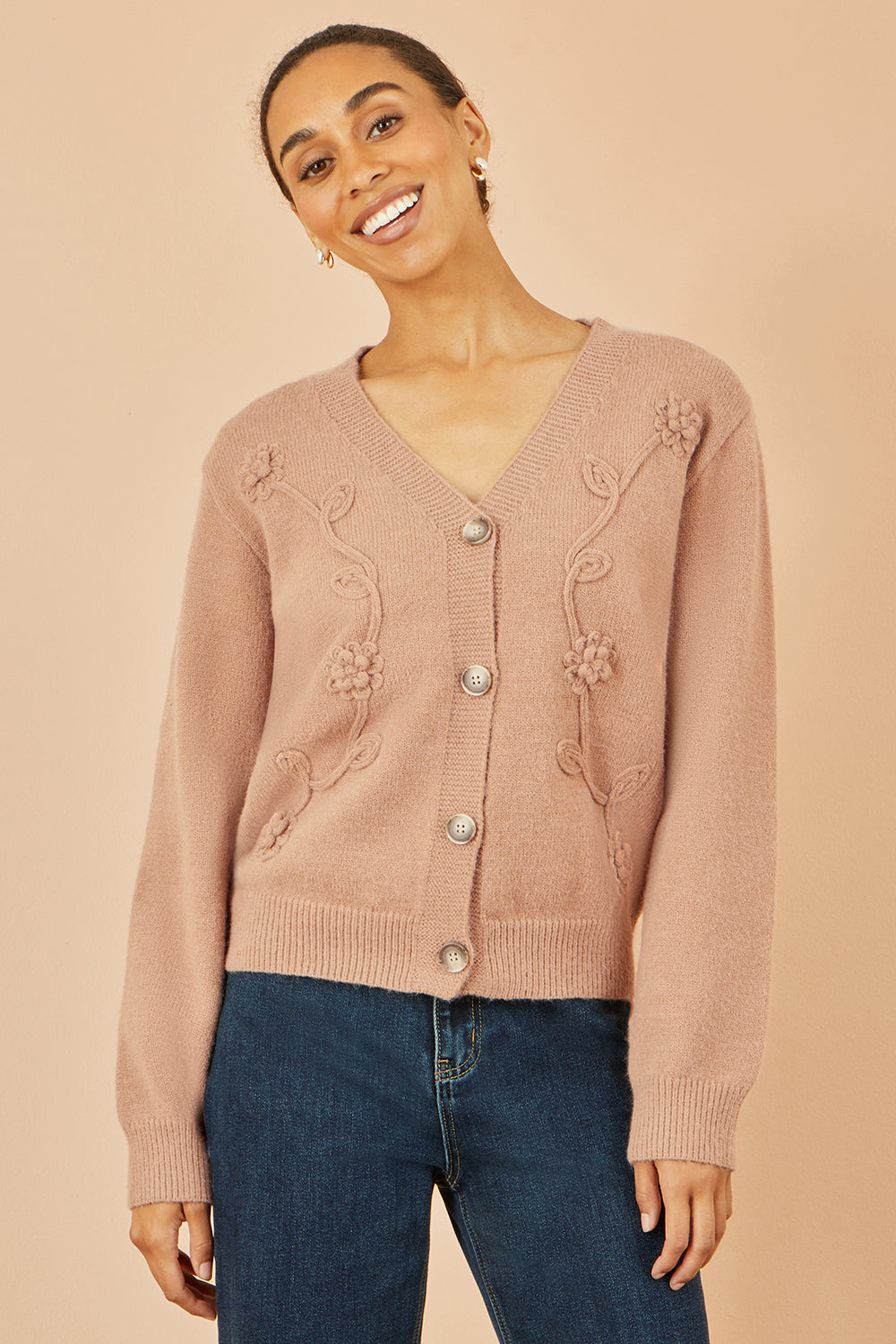 Yumi Brown Floral Embroidered Relaxed Fit Cardigan