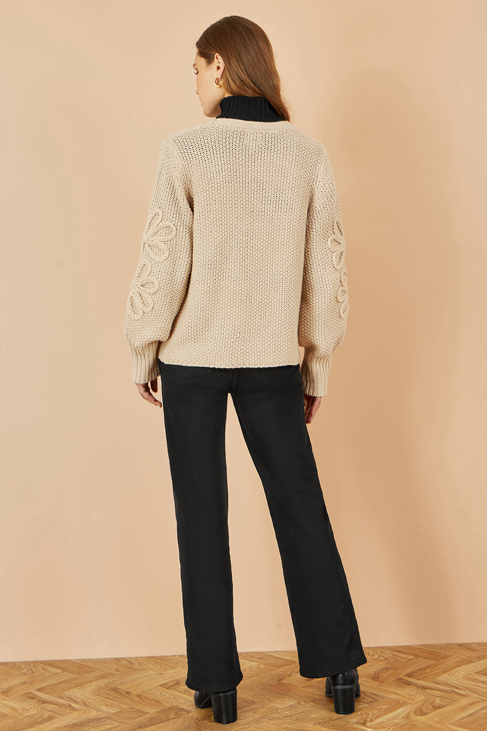 Yumi Beige Edge to Edge Cardigan With Flower Detail Sleeves
