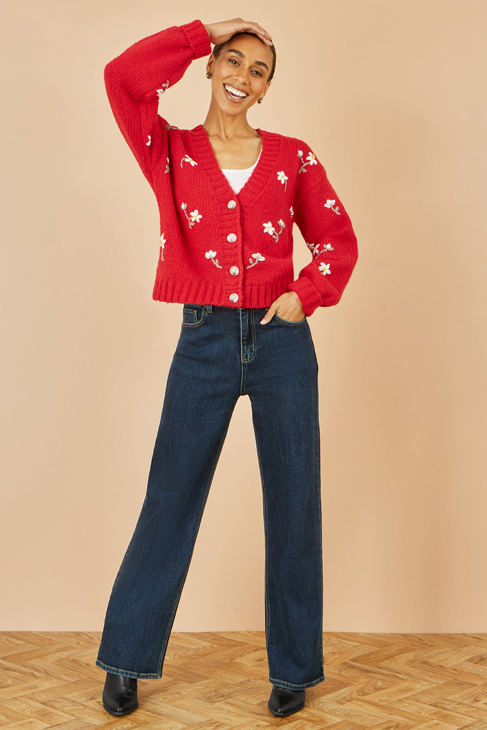 Yumi Red Hand Embroidered Chunky Knitted Cardigan