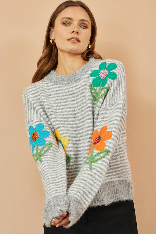 Yumi Grey Striped Relaxed Fit Jumper With Flowers