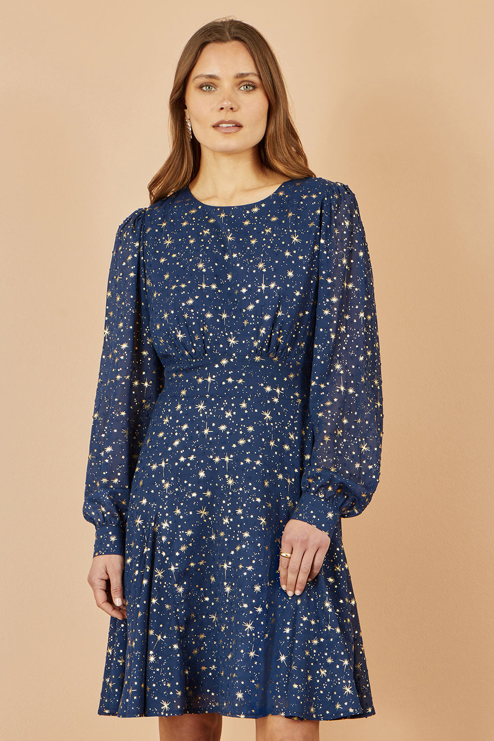 Yumi Navy Star Print Foil Long Sleeve Dress