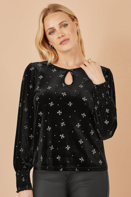 Yumi Black Sparkle Bow Print Velvet Top