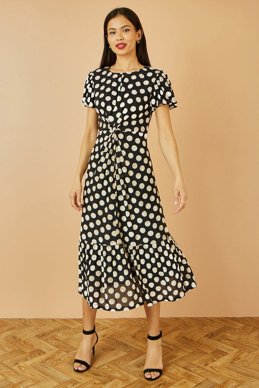 Yumi Black Velvet Spot Print Twist Knot Waist Midi Dress