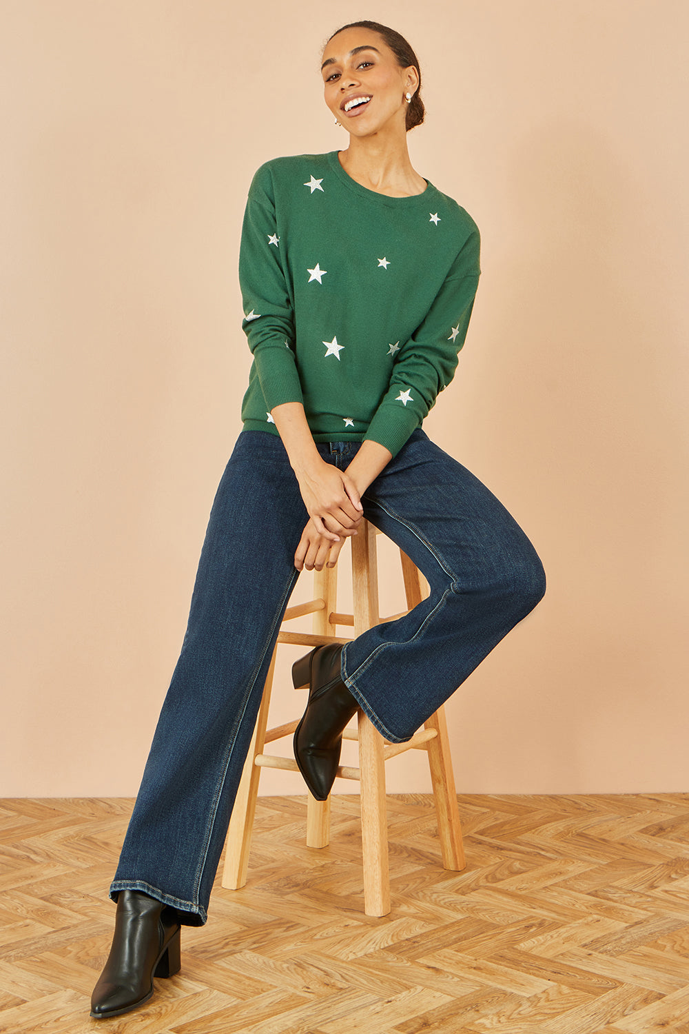 Yumi Green Gold Foil Star Print Relaxed Fit Jumper