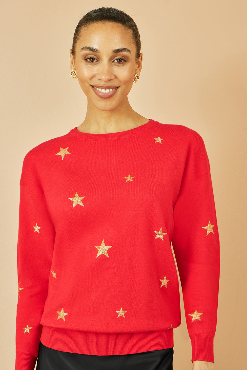 Yumi Red Gold Foil Star Print Relaxed Fit Jumper