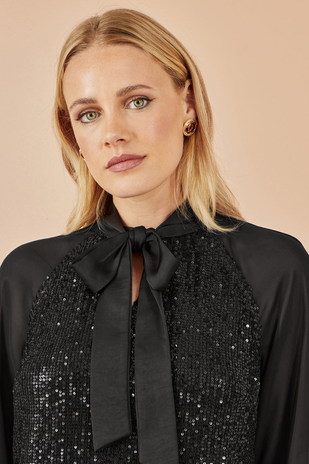 Yumi Black Sequin Pussy Bow Top