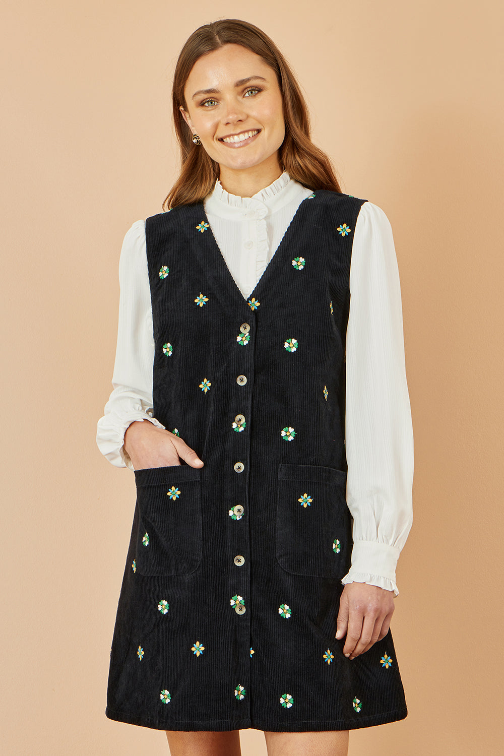 Yumi Black Flower Embroidered Button Up Pinafore Dress